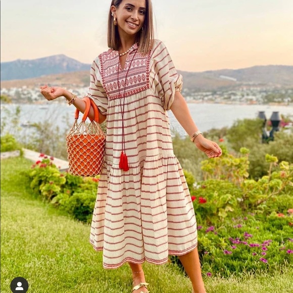 Mango Dresses & Skirts - Mango embroidery striped dress bloggers fav